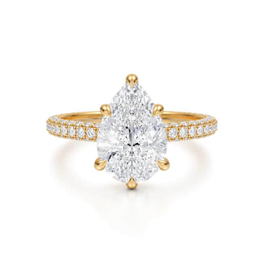 Pear Diamond Basket With Three Row Pave Ring
