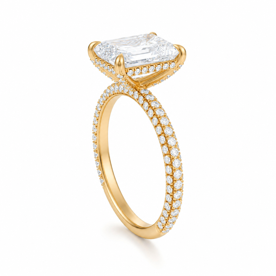 Emerald Diamond Basket With Three Row Pave Ring