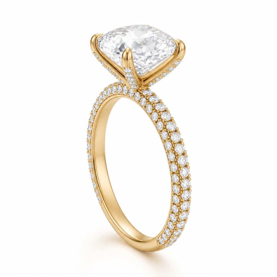 Cushion Three Row Pave Ring With Pave Prongs