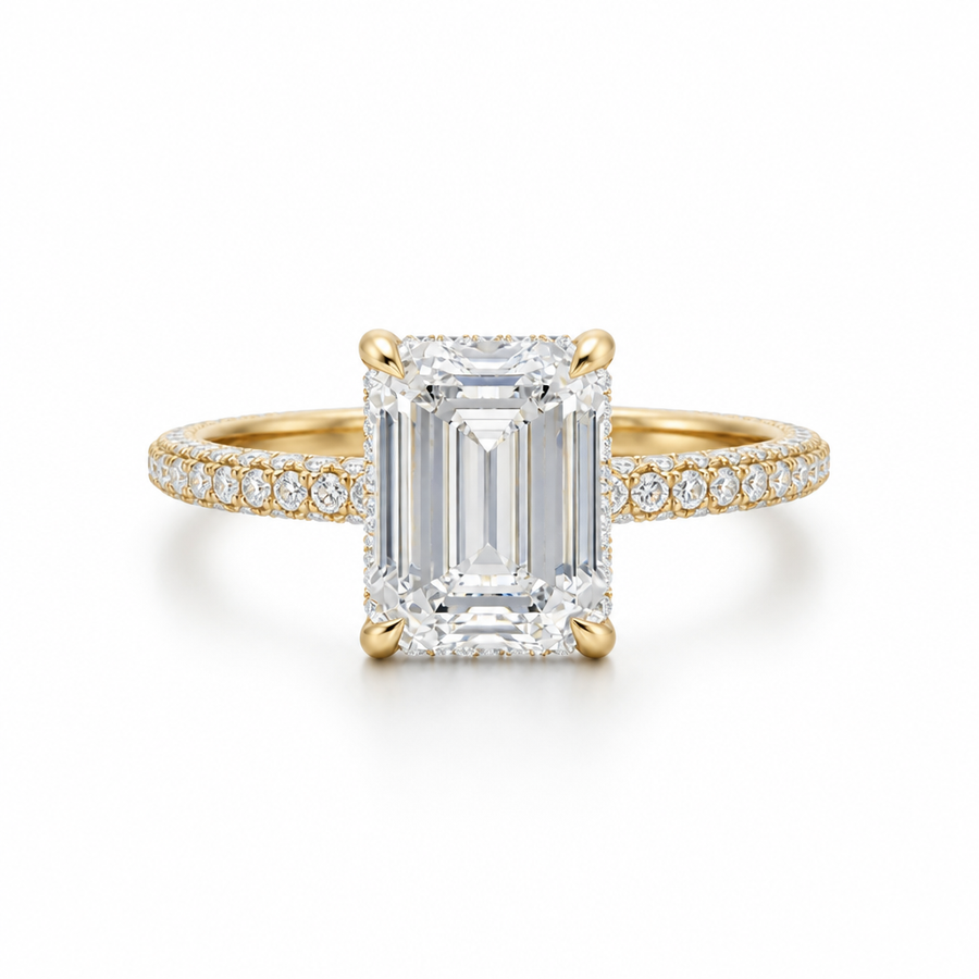 Emerald Hidden Halo with Three Row Pave Band