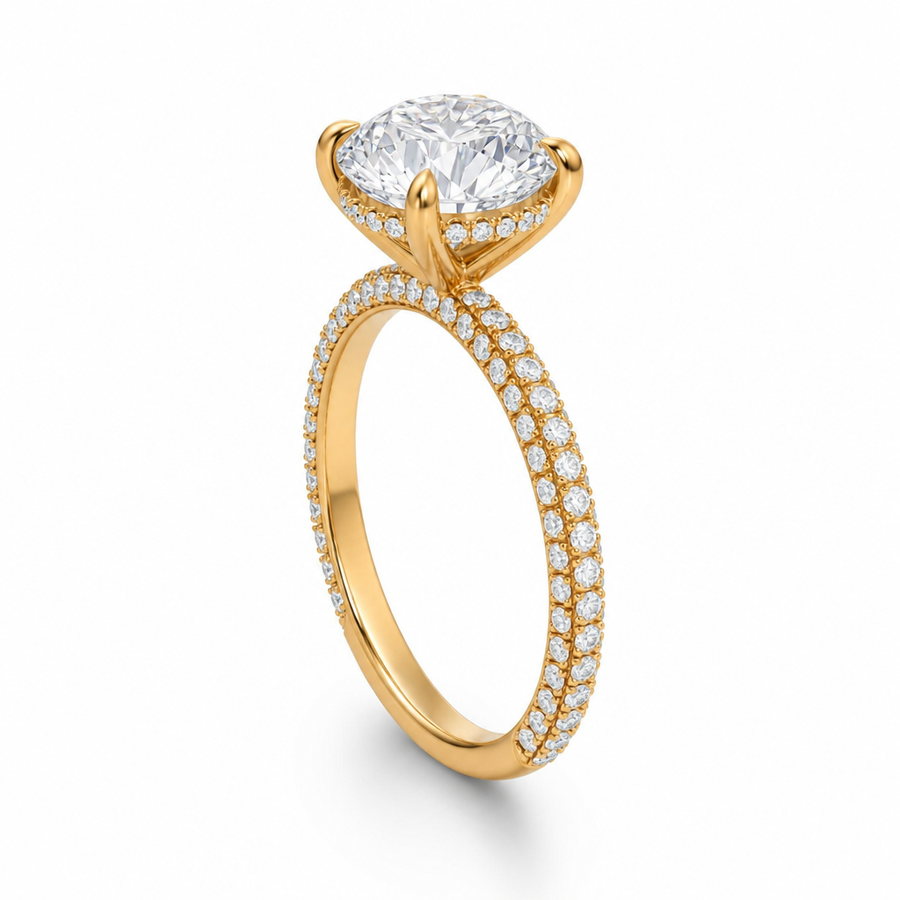 Round Hidden Halo with Three Row Pave Band