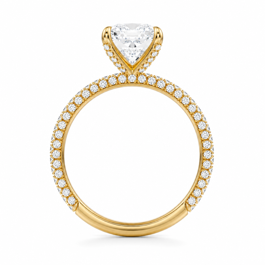 Cushion Three Row Pave Ring With Pave Prongs