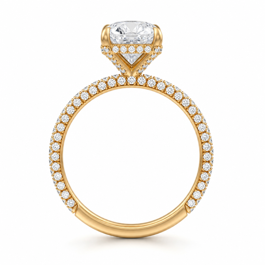 Cushion Diamond Basket With Three Row Pave Ring