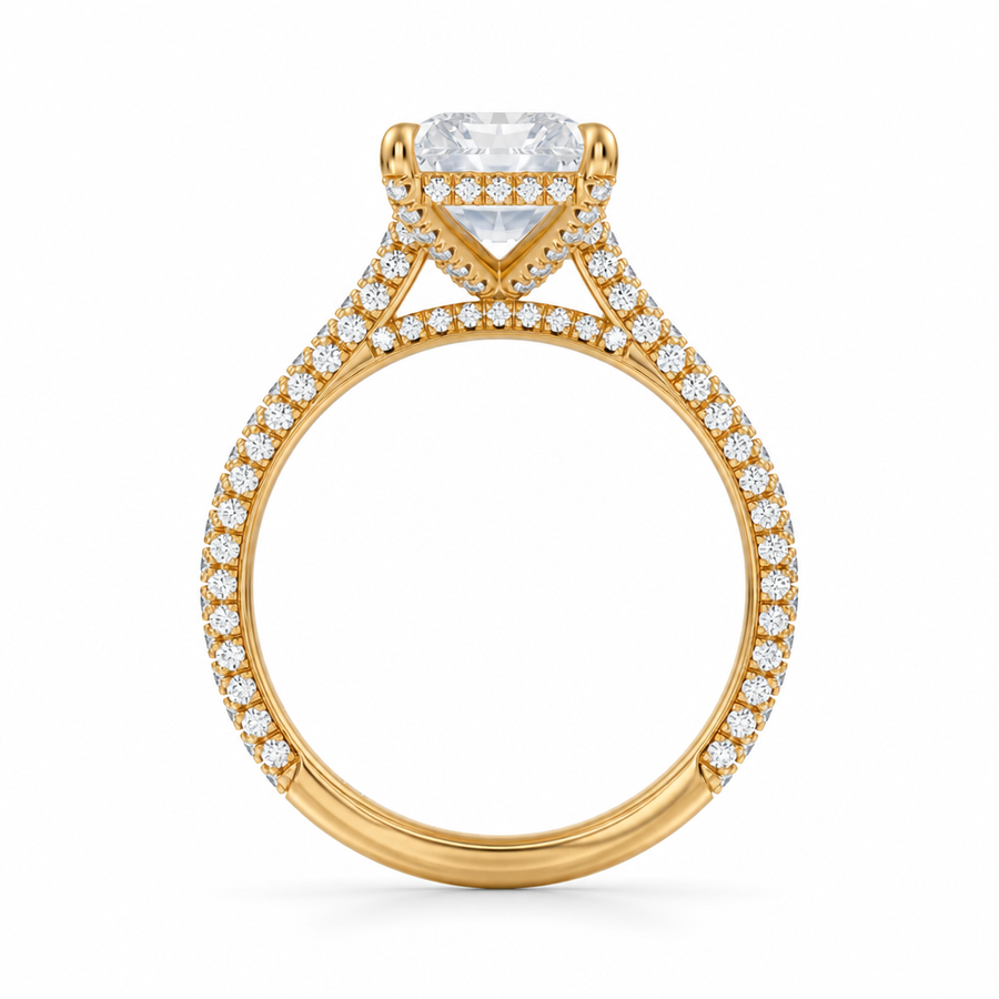 Radiant Three Row Pave Cathedral Ring With Diamond Basket