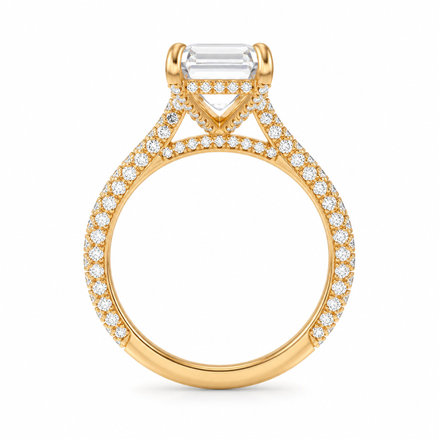Emerald Three Row Pave Cathedral Ring With Diamond Basket
