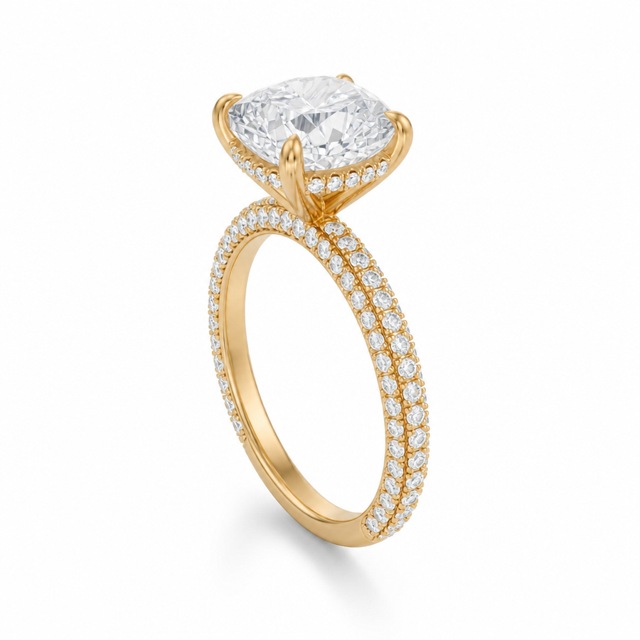 Cushion Hidden Halo With Three Row Pave Band