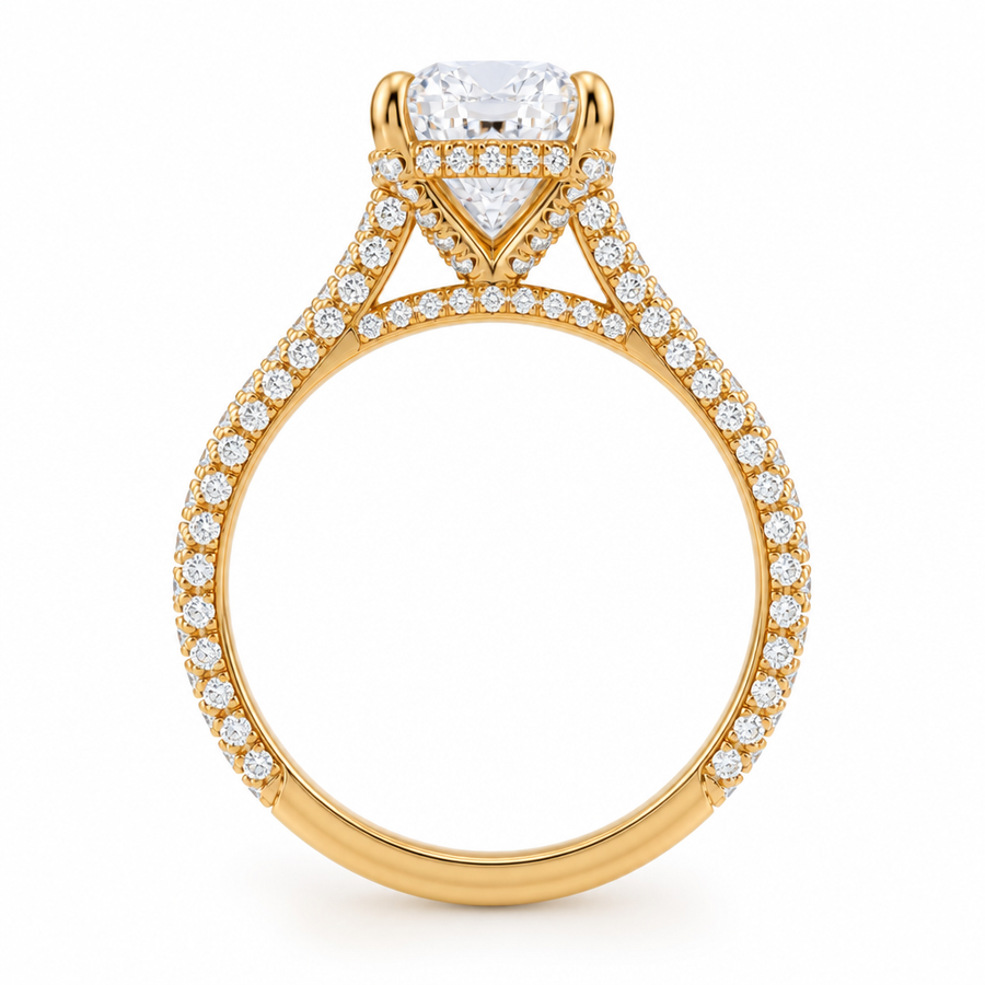 Cushion Three Row Pave Cathedral Ring With Diamond Basket