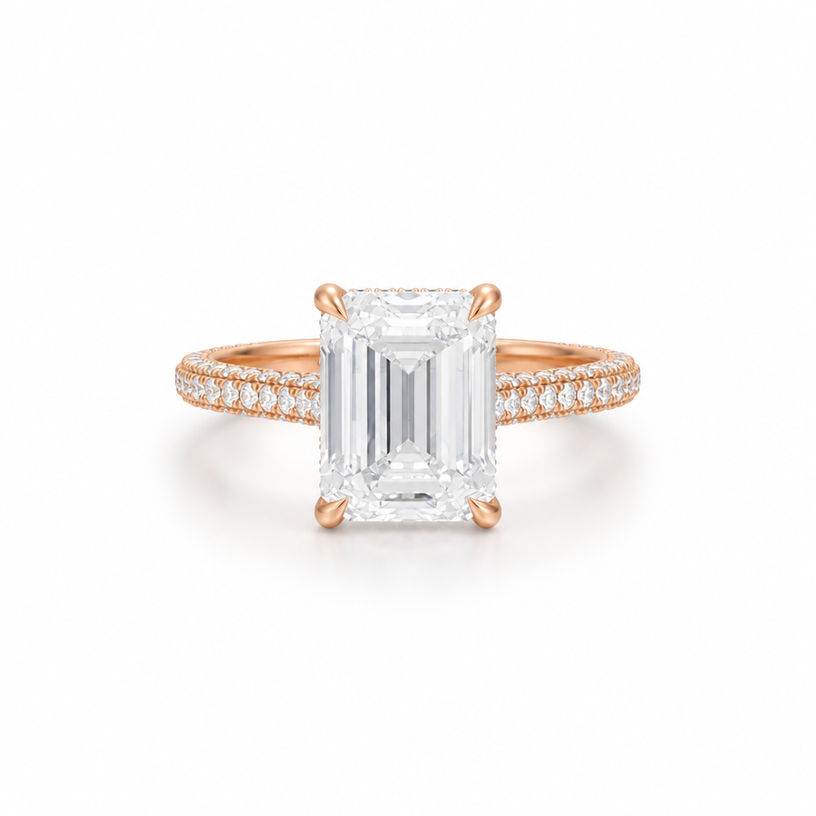 Emerald Three Row Pave Cathedral Ring With Diamond Basket
