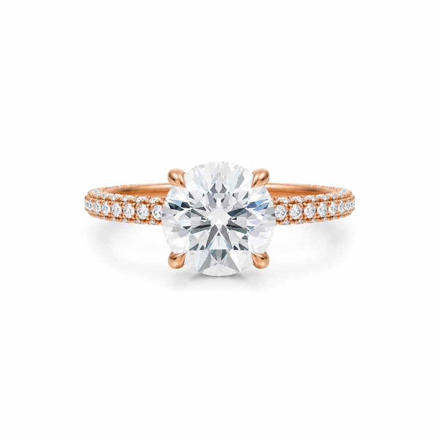 Round Diamond Basket With Three Row Pave Ring