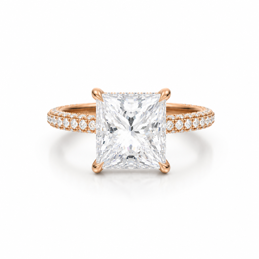 Princess Diamond Basket With Three Row Pave Ring