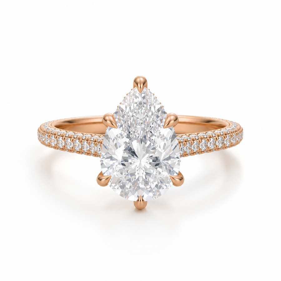 Pear Three Row Pave Cathedral Ring With Diamond Basket