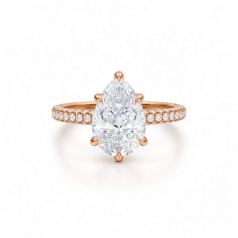 Pear Diamond Basket With Three Row Pave Ring