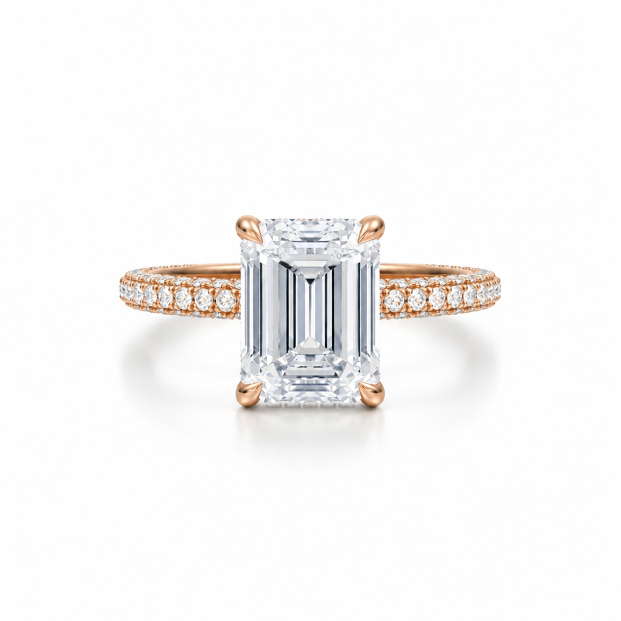 Emerald Diamond Basket With Three Row Pave Ring