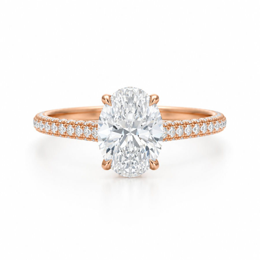 Oval Three Row Pave Cathedral Ring With Diamond Basket