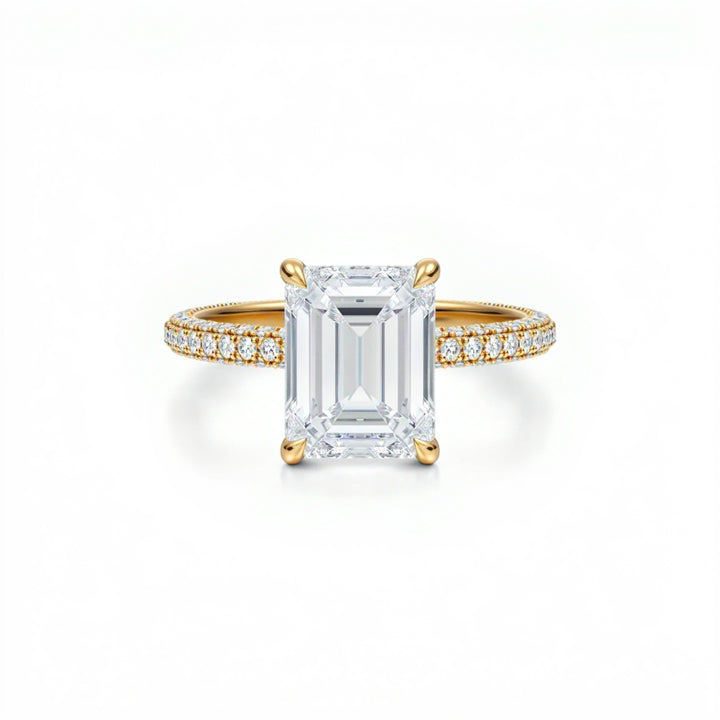 Emerald Diamond Basket With Three Row Pave Ring