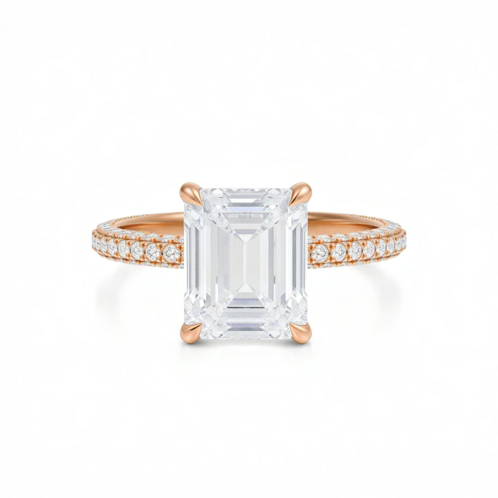 Emerald Diamond Basket With Three Row Pave Ring