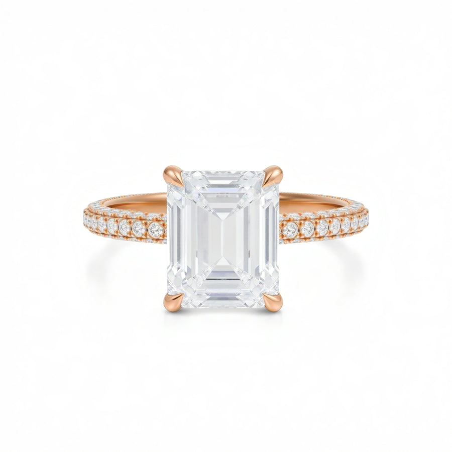 Emerald Diamond Basket With Three Row Pave Ring
