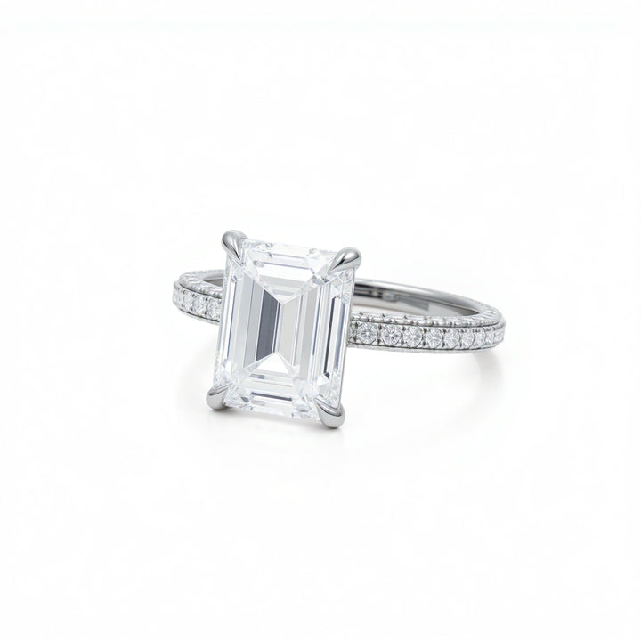 Emerald Diamond Basket With Three Row Pave Ring