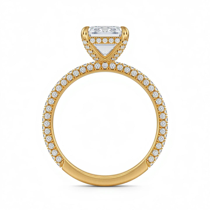 Emerald Diamond Basket With Three Row Pave Ring