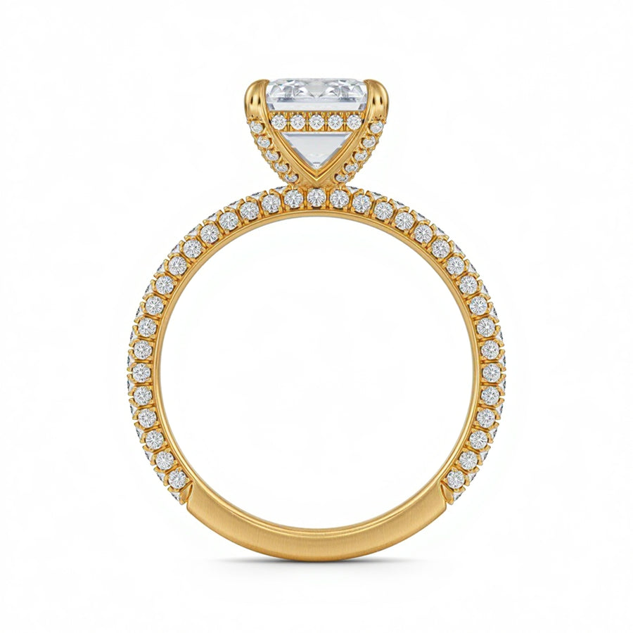 Emerald Diamond Basket With Three Row Pave Ring