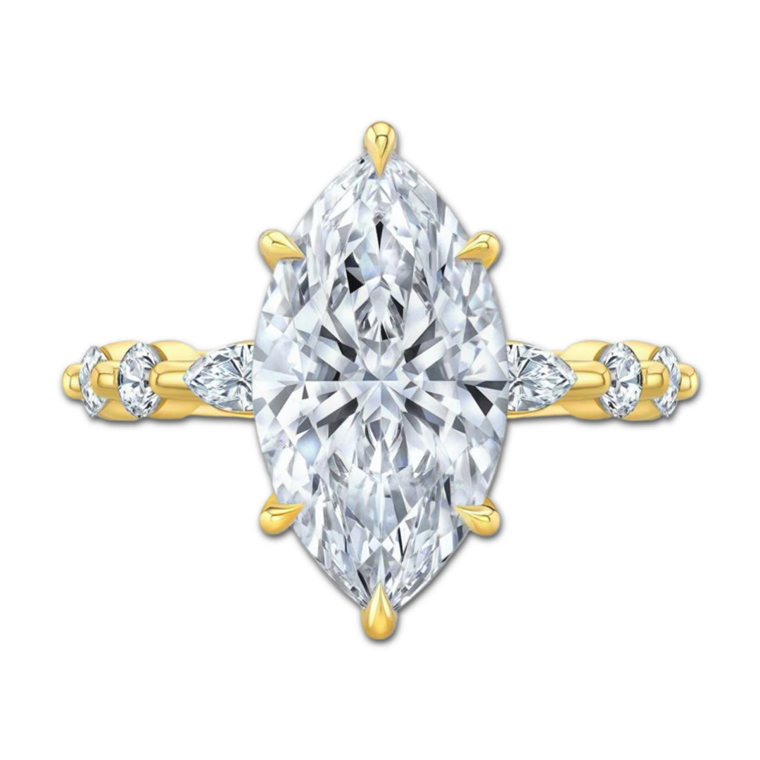 Marquise Diamond with Marquise and Round Band and Hidden Halo Ring