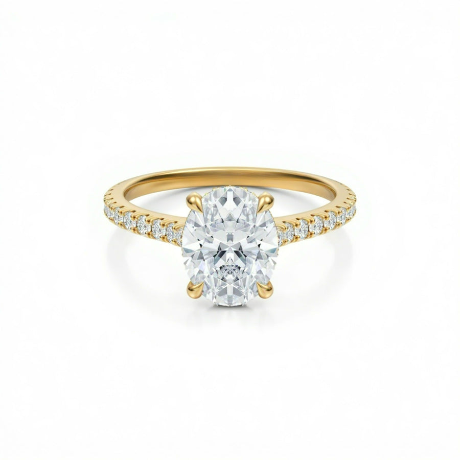 Oval Pave Cathedral Ring With Diamond Basket