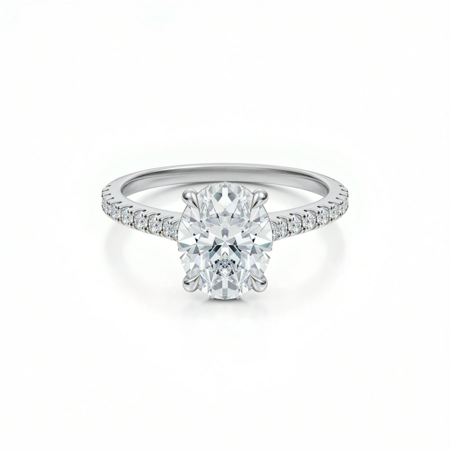 Oval Pave Cathedral Ring With Diamond Basket