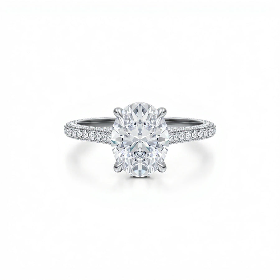 Oval Three Row Pave Cathedral Ring With Diamond Basket