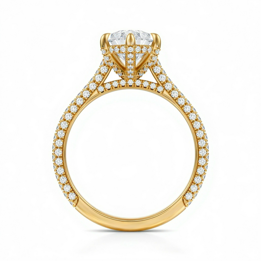 Pear Three Row Pave Cathedral Ring With Diamond Basket