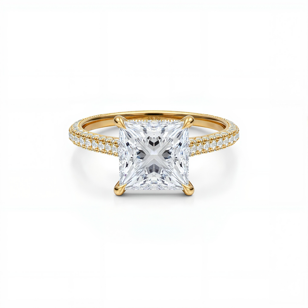 Princess Three Row Pave Cathedral Ring With Diamond Basket