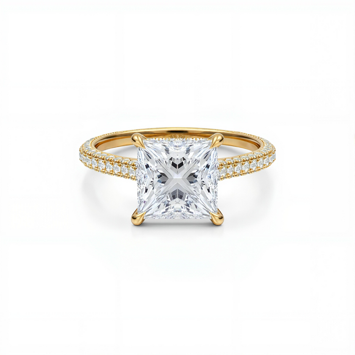 Princess Three Row Pave Cathedral Ring With Diamond Basket