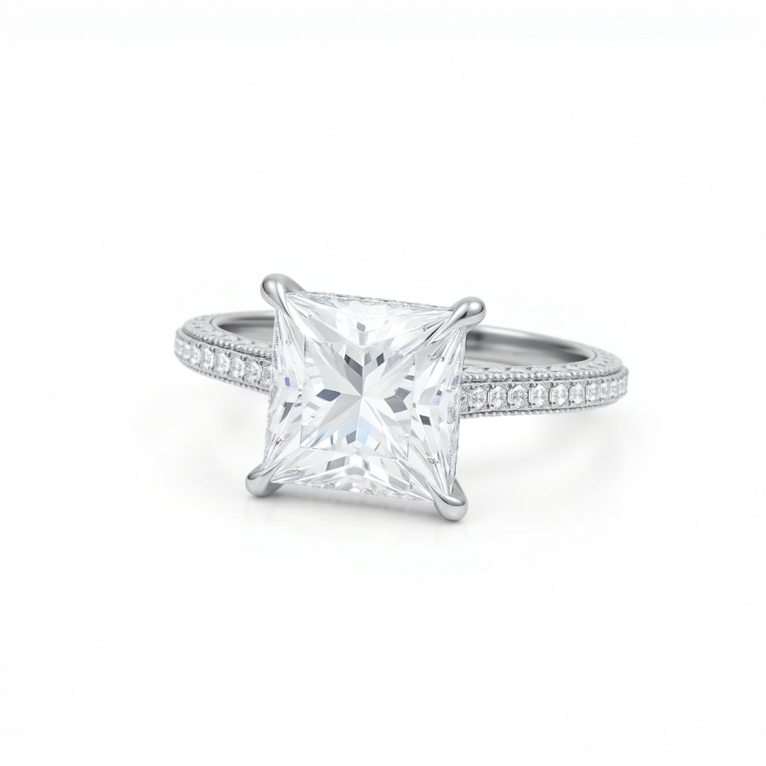Princess Three Row Pave Cathedral Ring With Diamond Basket