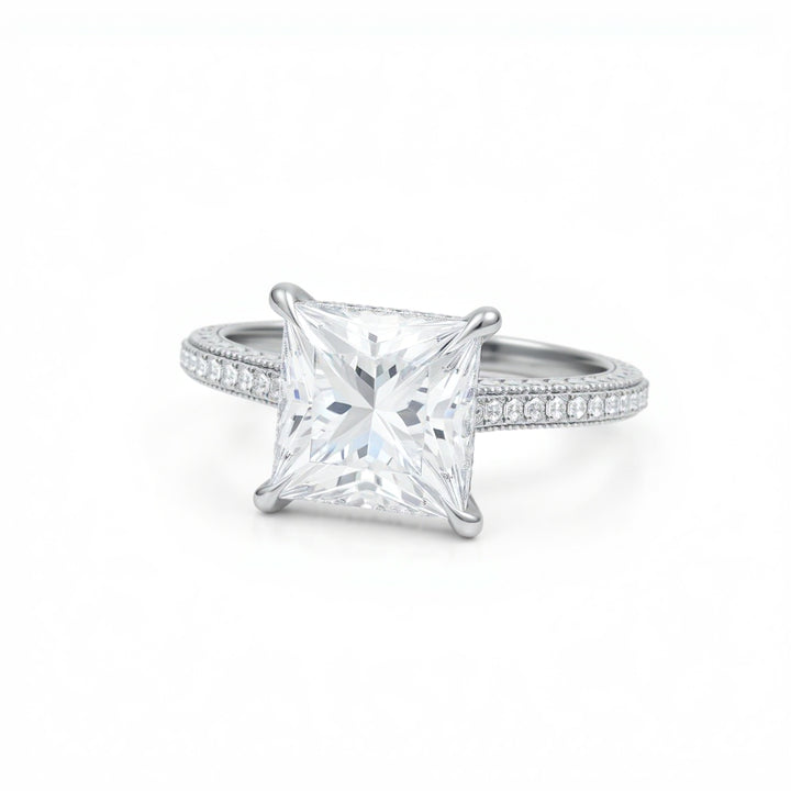 Princess Three Row Pave Cathedral Ring With Diamond Basket