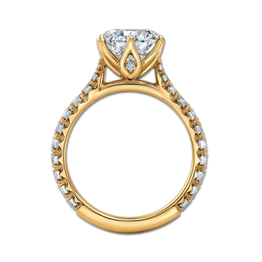 Round Diamond Cathedral Tulip with French Pave Ring