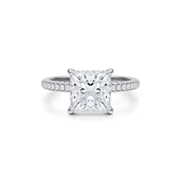 Princess Hidden Halo with Three Row Pave Band
