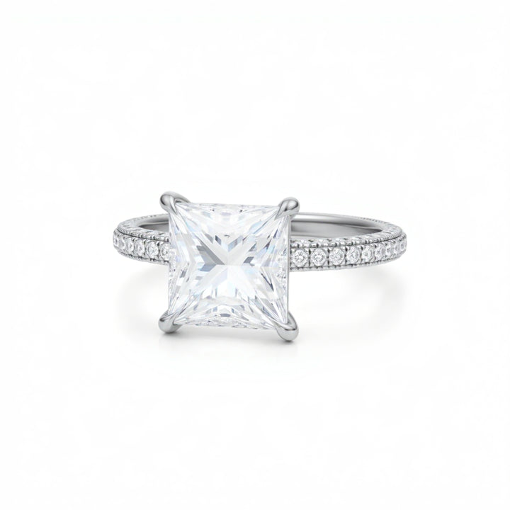 Princess Diamond Basket With Three Row Pave Ring