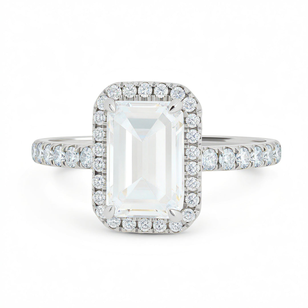 Emerald Halo Solitaire Ring With Pave Band