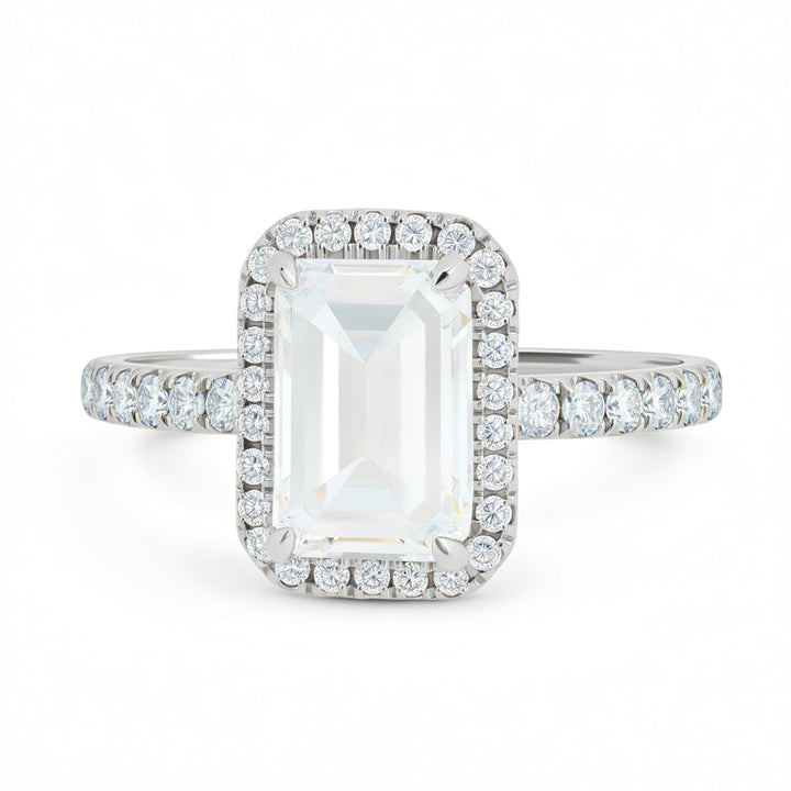 Emerald Halo Solitaire Ring With Pave Band