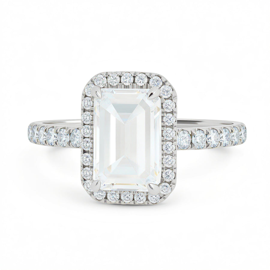 Emerald Halo Solitaire Ring With Pave Band
