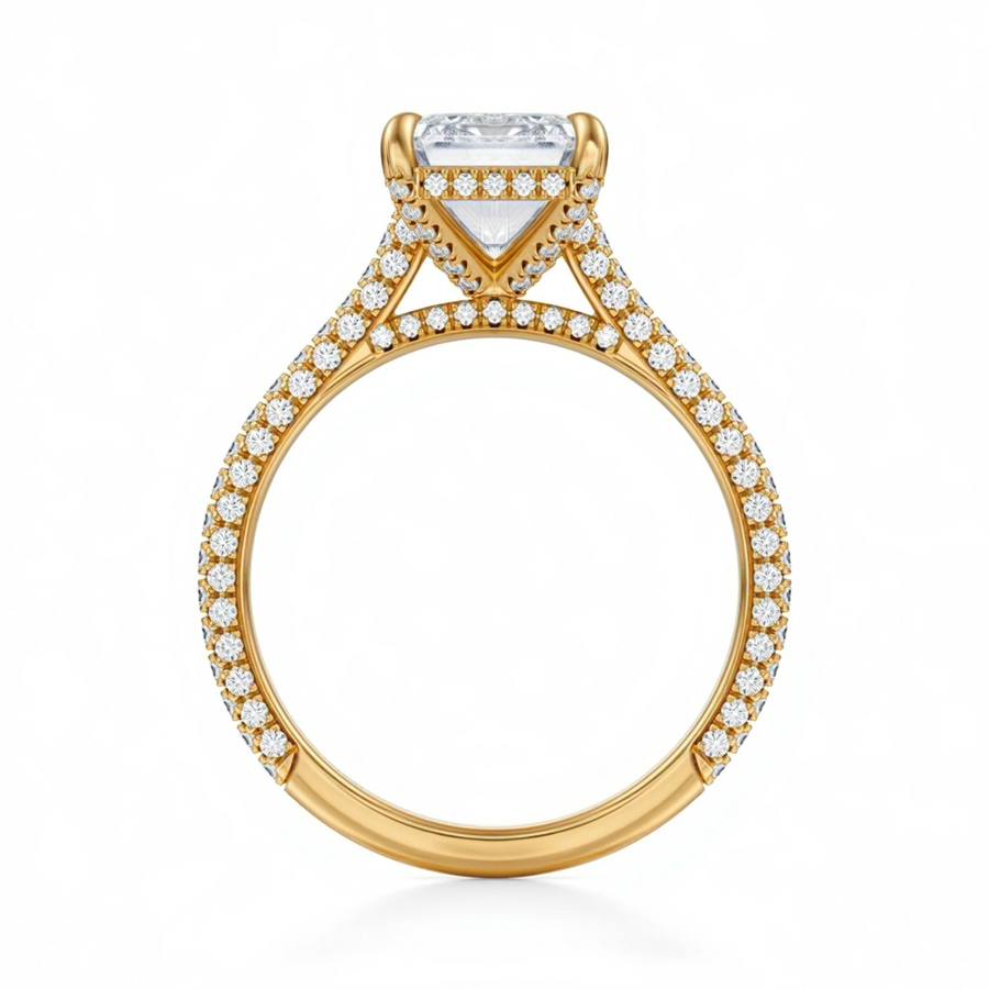 Emerald Three Row Pave Cathedral Ring With Diamond Basket