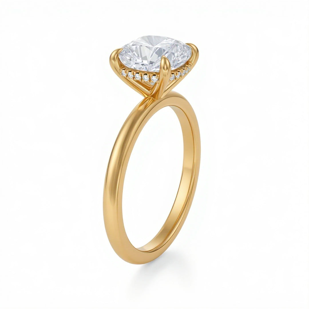 Gold ring with a large diamond on a white background