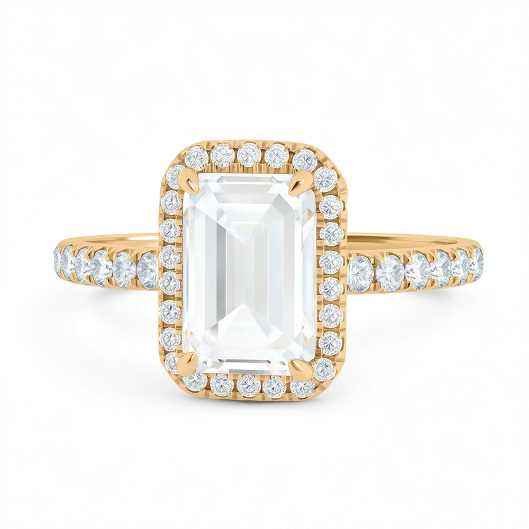 Emerald Halo Solitaire Ring With Pave Band