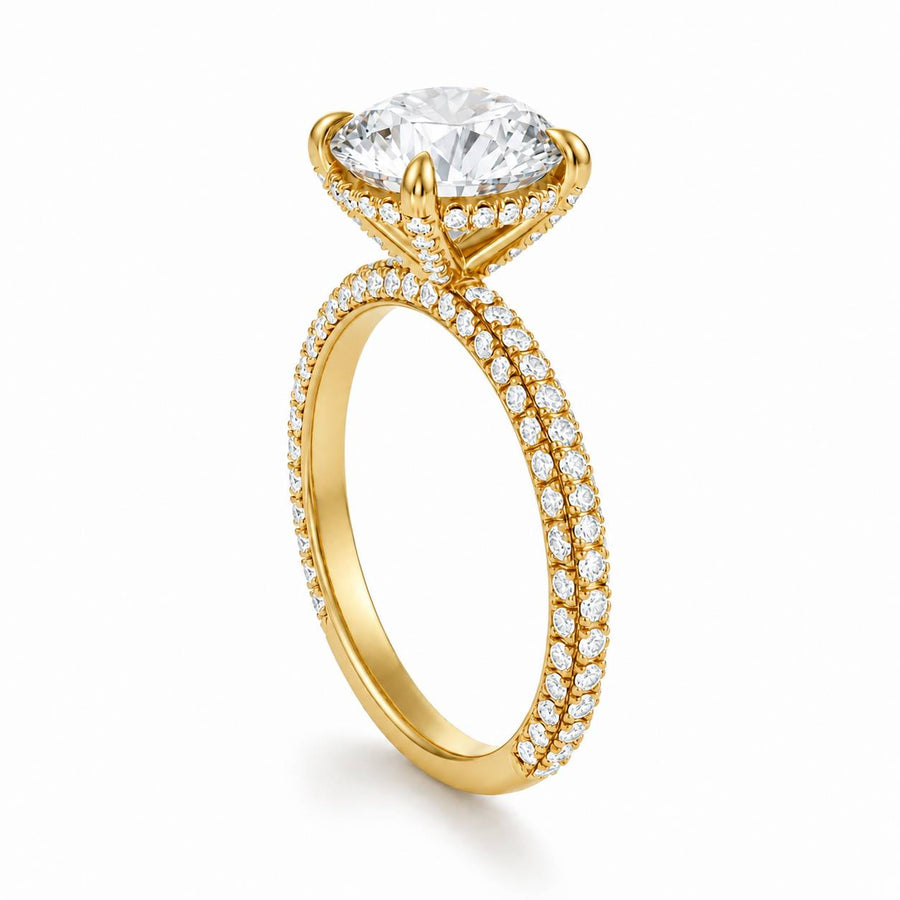 Round Diamond Basket With Three Row Pave Ring