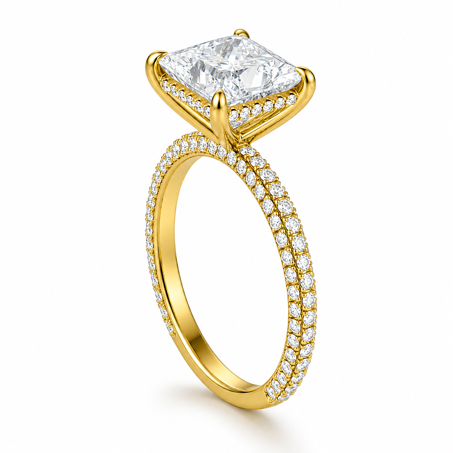Princess Hidden Halo with Three Row Pave Band