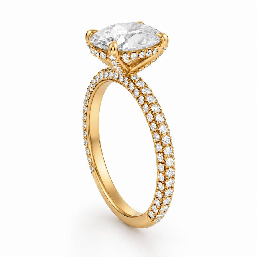 Oval Diamond Basket With Three Row Pave Ring