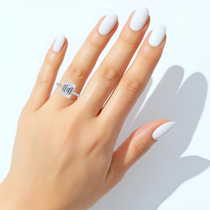 Emerald Diamond Basket With Three Row Pave Ring