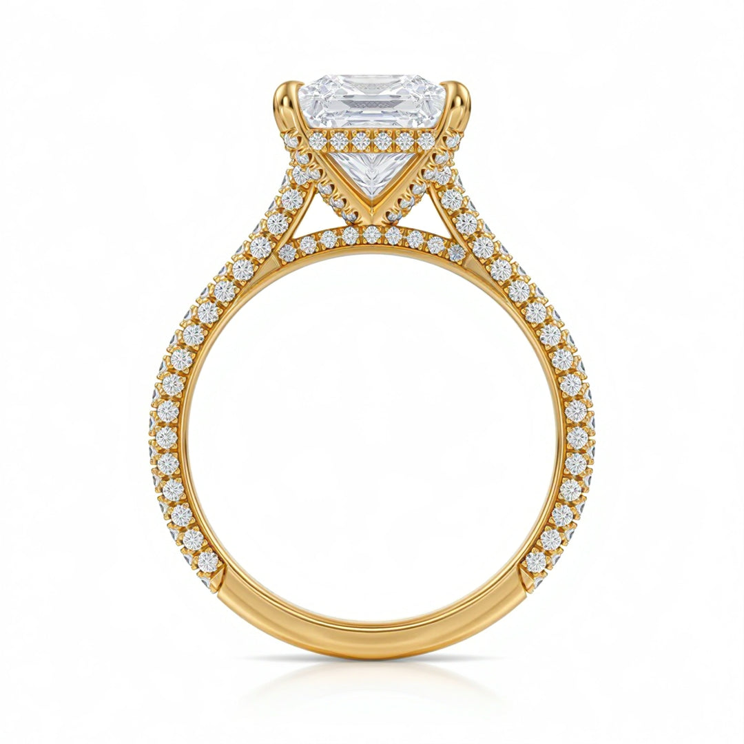 Princess Three Row Pave Cathedral Ring With Diamond Basket