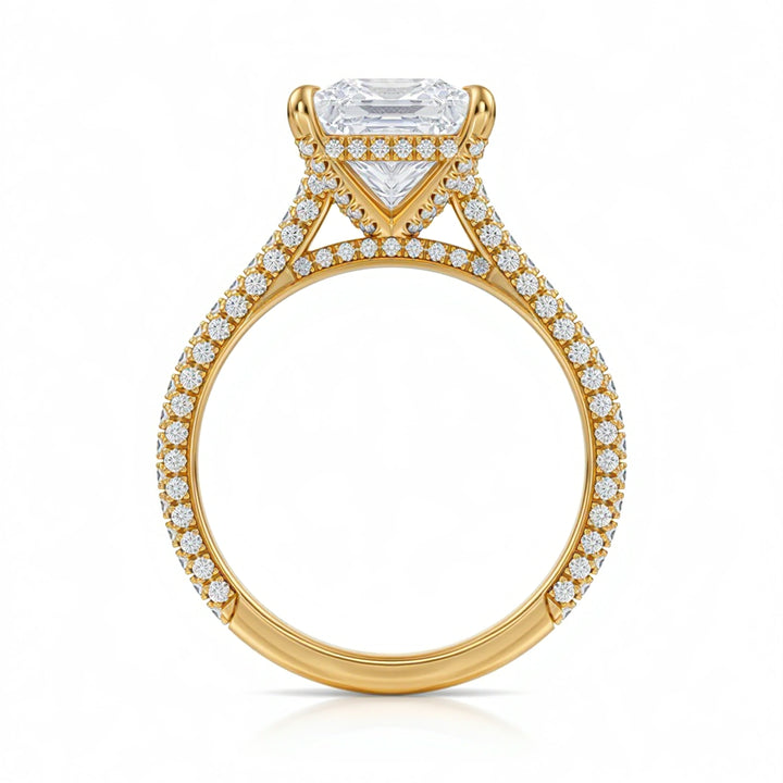 Princess Three Row Pave Cathedral Ring With Diamond Basket