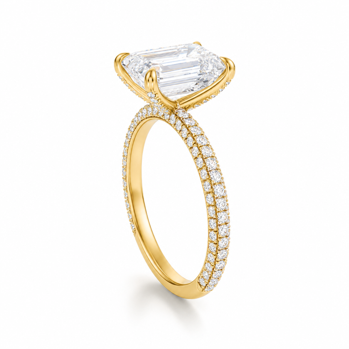 Emerald Three Row Pave Ring With Pave Prongs