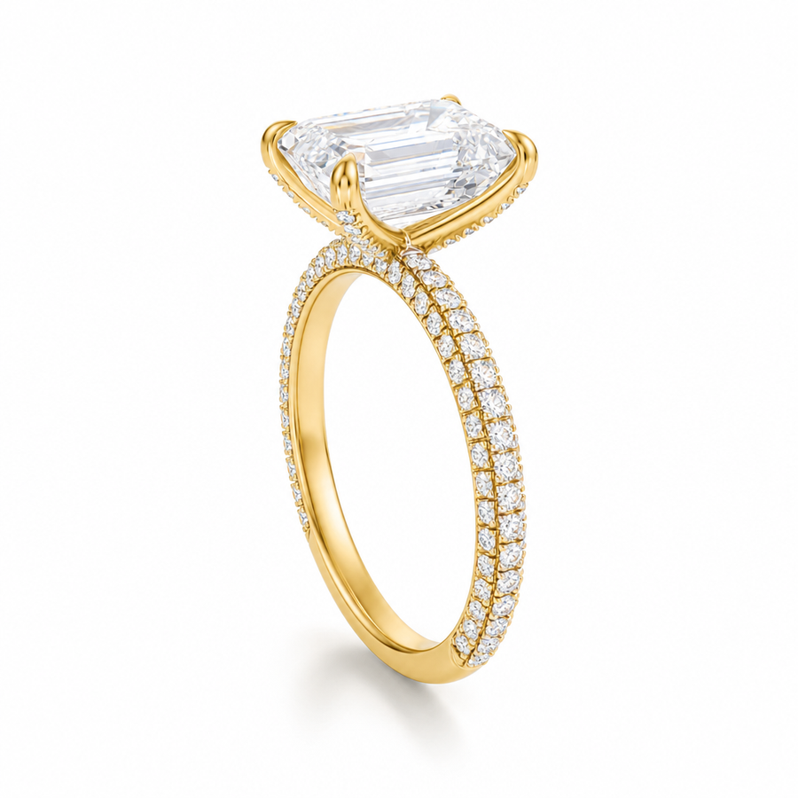 Emerald Three Row Pave Ring With Pave Prongs